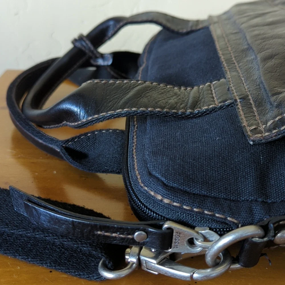 Fossil Black Lizette Canvas & Leather Crossbody Messenger Bag